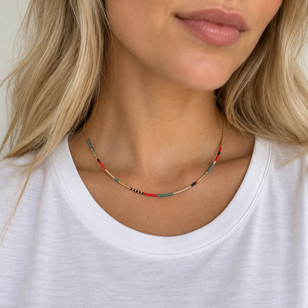Dainty Beaded Necklace 24K Gold Platting with Glass Beads