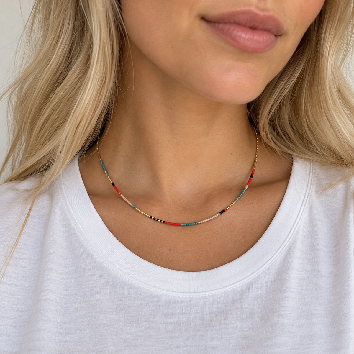 Dainty Beaded Necklace 24K Gold Platting with Glass Beads