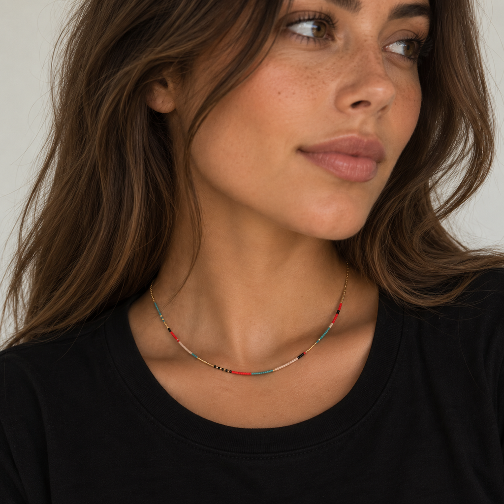 Dainty Beaded Necklace 24K Gold Platting with Glass Beads